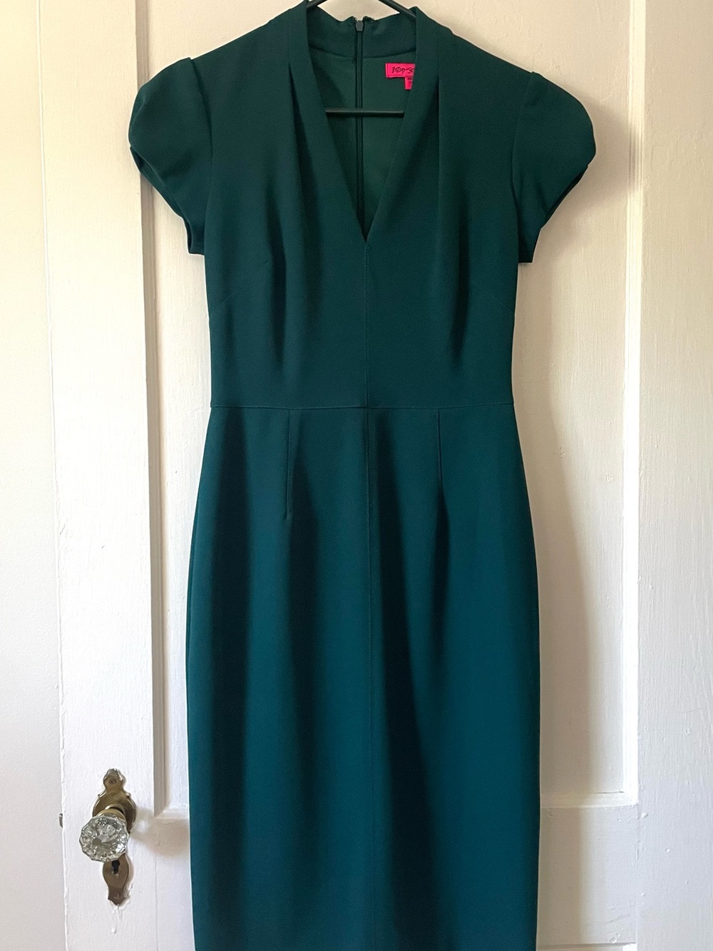 Betsey Johnson Vintage Retro 40’s Green Teal Cap Sleeve V-Neck Sheath Dress 2 S